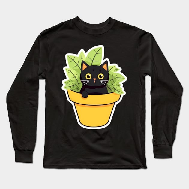 Catnip Cartoon Cat Tee: Minimalist Pot with Cute Black and White Kitty Long Sleeve T-Shirt by YUED